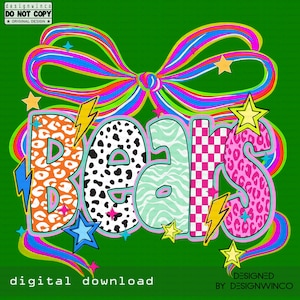 Bears Mascot Coquette Bow PNG, Funky Checkered Floral Letters PNG, Preppy School Spirit PNG, Game Day Png, Cute Fun Trending Png