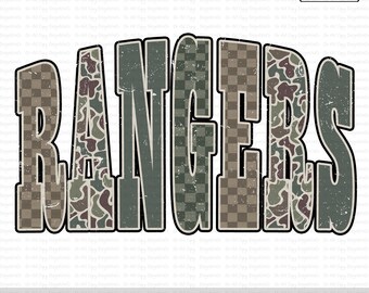 Rangers PNG, Camo Mascot Design, Distressed Varsity Team Spirit Sublimation, Retro Game Day Sports PNG, School Spirit Wear Shirt Design