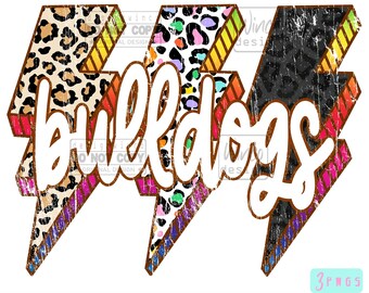 Bulldogs PNG Sublimation, Retro Leopard Checkered Lightning Bolt Mascot PNG, Game Day Shirt Design, School Spirit Digital Download