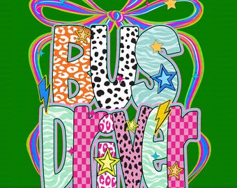 Bus Driver PNG, Coquette Bow Back to School Shirt Design, Girly Neon Checkered Leopard Floral PNG, Cute Sublimation for School Staff Gift