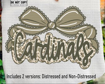 Cardinals Mascot PNG, Retro Camo Lace Bow Script Letters, Coquette School Spirit Game Day Shirt Design, Cheer Team Pride Sublimation PNG