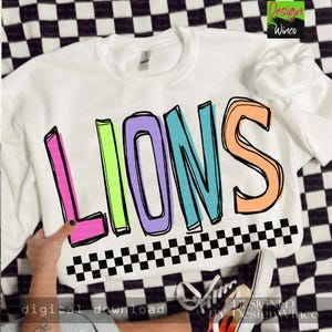 Neon Checkered Lions PNG, School Mascot Spirit Shirt Design, Retro Colorful Team Pride PNG, Custom Pastel Sublimation, Back To School PNG