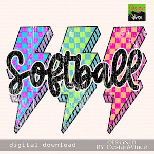 Softball PNG, Neon Checkered Lightning Bolt PNG, Grunge Softball Sublimation, Retro Pastel Softball Shirt Design, Sport Game Day PNG