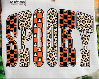Spooky Leopard Checkered PNG, Halloween Shirt Sublimation Design, Ghost Bat Animal Print PNG, Orange Black Checkered Trendy Halloween PNG