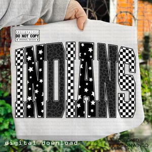 Indians PNG, Retro Checkerboard Leopard Star Letters, School Spirit Game Day Shirt Design, Varsity Mascot Sublimation PNG, Team Pride PNG