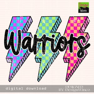 Warriors Png, Checkered Lightning Bolt Png, Retro Warriors Sublimation, Game Day Png, Warriors Mascot Shirt Png, Neon Warriors Png, DTF, DTG