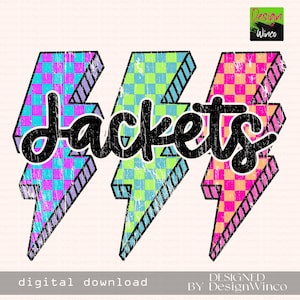 Jackets Png, Checkered Lightning Bolt Png, Retro Jackets Sublimation, Game Day Png, Jackets Shirt, Jackets Mascot Png, Neon Jackets Png
