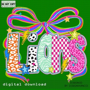 Lions Mascot Coquette Bow PNG, Funky Checkered Floral Letters PNG, Preppy School Spirit PNG, Game Day Png, Cute Fun Trending Png