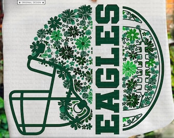 Eagles PNG, Dark Green Floral Football Helmet PNG, Eagles Mascot School Spirit Design, Varsity Sports Team Pride, Game Day Shirt Design PNG