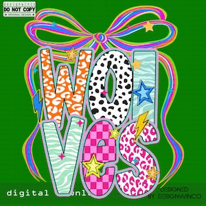 May include: A digital design on a green background featuring the word "WOW VIBES" in various patterns and colors, including leopard print, zebra stripes, and checkered patterns. The design includes stars, lightning bolts, and a colorful bow. The text "DESIGNED BY DESIGNWINCO" is also present.