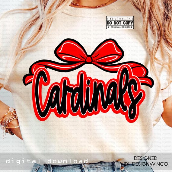 Cardinals Mascot PNG, Cheer Bow PNG, School Spirit Team Pride Shirt Design, Girly Spirit Wear Sublimation PNG, Digital Download for Game Day