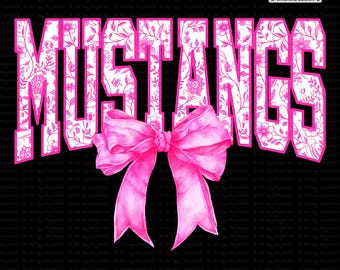 Mustangs PNG, Mascota de toile floral con lazo coqueto PNG, Diseño de camiseta preppy rosa de Mustangs, Ropa deportiva PNG para sublimación, Estética femenina