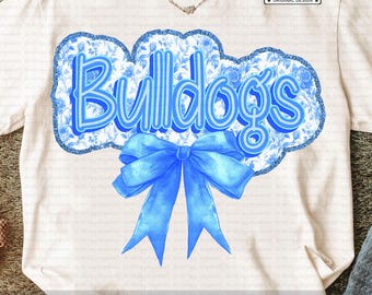 Bulldogs PNG, Blue Floral Toile Bow Letters, Coquette School Spirit Game Day Shirt Design, Girly Mascot Sublimation PNG, Team Pride Png