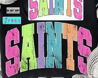 Saints Mascot PNG, Retro Grunge Rainbow Varsity Letters Sublimation, Colorful School Spirit Wear Shirt Design, Team Pride Game Day PNG