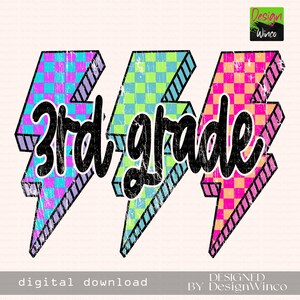Lightning Bolt Third Grade PNG, Neon 3rd Grade Back to School Design, Girl&#39;s Third Grade Shirt Sublimation, Retro Checkered Digital Download