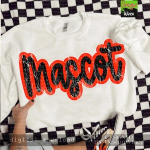 May include: White crewneck sweatshirt with the word "Mascot" in a distressed, black font outlined in red. The sweatshirt is displayed on a black and white checkered surface. The words "digital download" are at the bottom left.