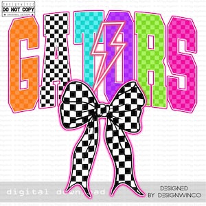 Gators PNG, Checkered Letters and Bow PNG, Neon Lightning Bolt Mascot, School Spirit Game Day Shirt Design for Team Pride, Digital Download