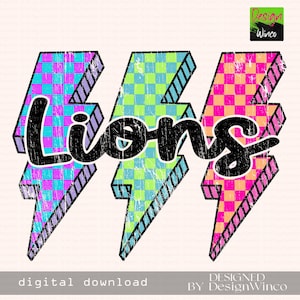 Lions Png, Checkered Lightning Bolt Png, Retro Lions Sublimation, Game Day Png, Lions Shirt, Lions Mascot Png, Neon Lions Png, DTF, DTG