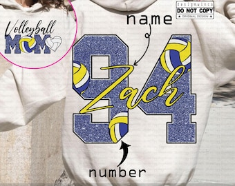 Personalized Volleyball Mom PNG, Custom Name and Jersey Number Shirt Design, Glitter Volleyball PNG, Game Day Shirt, Fall Sports Mom Gift