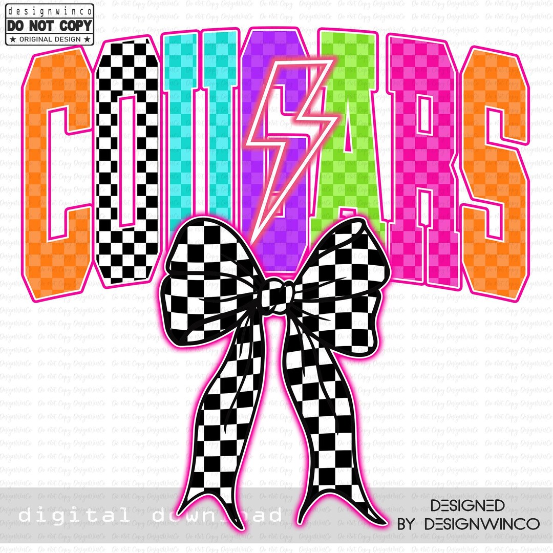 Cougars PNG, Checkered Letters and Bow PNG, Neon Lightning Bolt Mascot ...