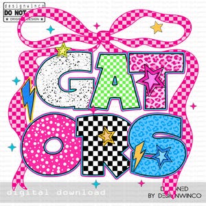 Gators Mascot PNG, Lightning Bolt PNG, Retro Checkered Coquette Bow PNG, School Spirit Cheer Png, Leopard Print Y2K Style Shirt Design