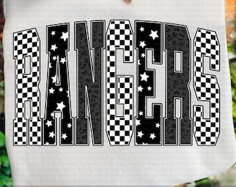 Rangers PNG, Retro Checkerboard Leopard Star Letters, School Spirit Game Day Shirt Design, Varsity Mascot Sublimation PNG, Team Pride PNG