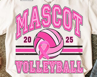 May include: Cream-colored t-shirt with a pink volleyball design. The design includes the word "MASCOT" above a volleyball with a pink ribbon, the years "20" and "25", and the word "VOLLEYBALL".