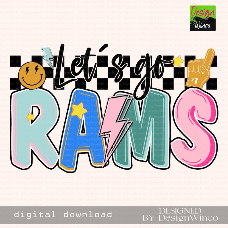 Go Rams Pointing Finger Let’s Go Rams PNG, Retro Checkerboard Lightning PNG, Team Spirit Game ...