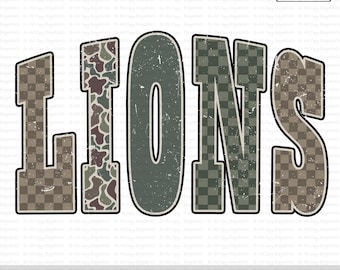 Lions PNG, Camo Mascot Design, Distressed Varsity Team Spirit Sublimation, Retro Game Day Sports PNG, School Spirit Wear Shirt Design