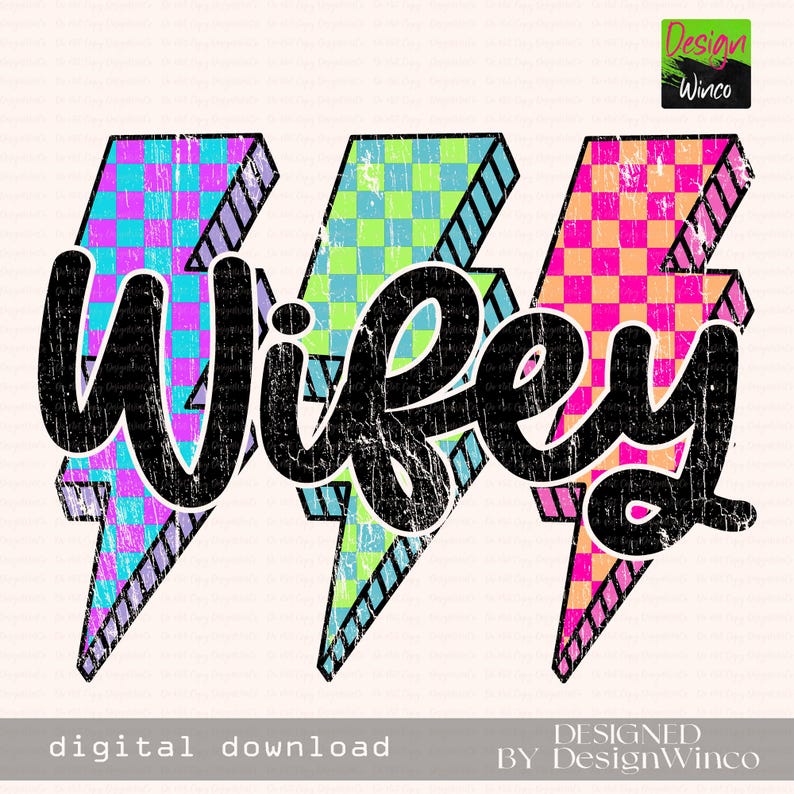 Wifey Lightning Bolt PNG, Retro Checkered Neon PNG Design, Funny Wife ...