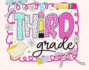 Third Grade PNG, Pencil Doodle Bow PNG, Cute Leopard Zebra Pattern PNG, Girl Back to School Design, First Day Shirt Png, Teacher Gift