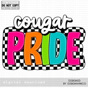 Cougar Pride PNG Digital Download, Retro Checkerboard Mascot Design, School Spirit Shirt, Game Day Sublimation File, Team Pride Printable