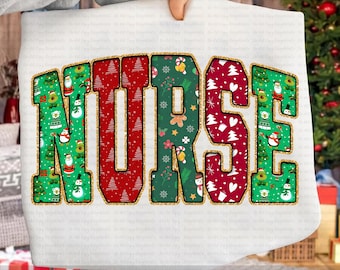 Julsjuksköterska PNG, söt julsublimeringsdesign för sjuksköterskeskjorta, julsjuksköterska Clipart, festliga glitterbokstäver, digital nedladdning