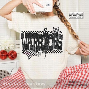 May include: Cream-colored t-shirt with the word "WARRIORS" in a black, textured font. The design includes checkered patterns, stars, and lightning bolts. The text "DIGITAL DOWNLOAD" and "DESIGNED BY DESIGNWINCO" are also visible.