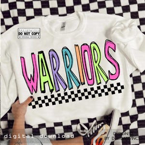 Retro Warriors Mascot PNG, Hand Drawn Colorful Checkered PNG, School Spirit Game Day Shirt Design, Cheer Sublimation Digital Download