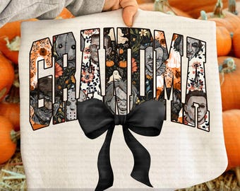 Grandma PNG, Horror Movie Characters Floral Pumpkin Bow Design, Spooky Grandma Shirt, Vintage Halloween Sublimation PNG, Fall Grandma Gift
