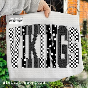 Vikings PNG, Retro Checkerboard Leopard Star Letters, School Spirit Game Day Shirt Design, Varsity Mascot Sublimation PNG, Team Pride PNG