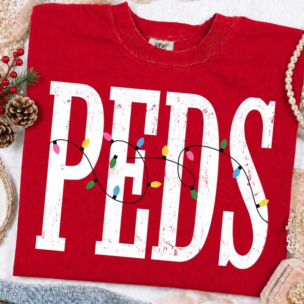 Peds Christmas PNG, Christmas Lights Pediatric Nurse Shirt, Distressed Varsity Nursing Sublimation File