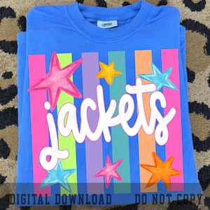 May include: A blue t-shirt with the word "jackets" in white script. The shirt features vertical stripes in pink, green, purple, and orange, with colorful star graphics. The text "DIGITAL DOWNLOAD" and "DO NOT COPY" are at the bottom.