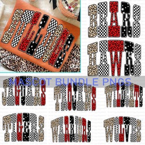 Retro Varsity Mascot Bundle PNG, Leopard Checkered Star School Spirit PNG, Cheer Football Basketball Game Day Shirt Sublimation Design