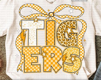 Tigers PNG, Yellow Mascot School Spirit Shirt Design, Coquette Bow Team Pride, Retro Checkerboard Leopard Star Letters, Game Day Sublimation