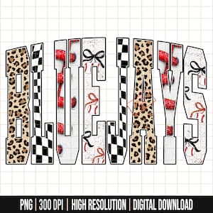 May include: A graphic design featuring the word "BLUEJAYS" in a bold, stylized font. The letters incorporate various patterns, including leopard print, checkered, and baseball-themed designs with red ribbons and baseballs. The background is white.