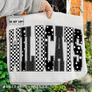 Wildcats PNG, Retro Checkerboard Leopard Star Letters, School Spirit Game Day Shirt Design, Varsity Mascot Sublimation PNG, Team Pride PNG