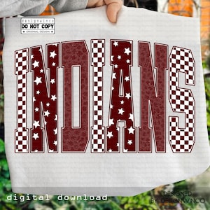 Indians Mascot PNG, Leopard Star Checkered Varsity Letters, School Spirit Sublimation Design, Game Day Shirt Download, Team Pride PNG