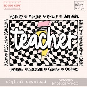 Enseignant PNG sublimation conception chemise en damier ondulé téléchargement éclair crayon mignon fichier numérique rétro appréciation du cadeau de l'enseignant