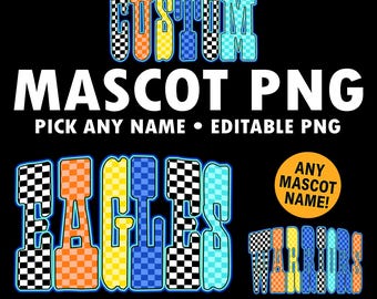 Custom Mascot PNG, Personalized Team Name Sublimation, Retro Checkered Block Letters PNG, School Spirit Shirt Design, Digital Download