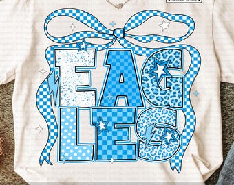 Águilas PNG, Diseño de camiseta de espíritu escolar de mascota azul, Orgullo de equipo con lazo coqueto, Letras universitarias de estrella de leopardo a cuadros, Sublimación del día del juego