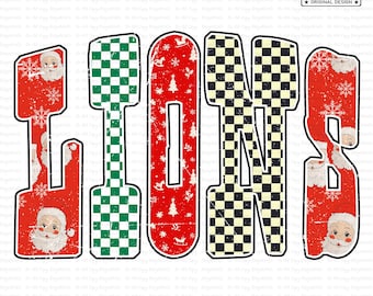 May include: A digital design displaying the word "SANTA" in a bold, distressed font. The letters are filled with festive patterns: red with Santa faces and snowflakes, green and black checkered patterns. A Christmas-themed design.