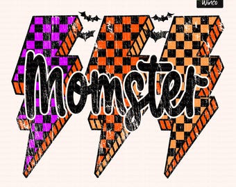 Funny Momster PNG, Halloween Mom PNG, Spooky Mom Life PNG, Checkered Lightning Bolt Shirt Design, Fall Sublimation, Retro Grunge Style