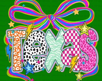 Texas PNG, Retro Coquette Texas PNG, Funky Checkered Leopard Floral Star Design, Preppy Neon Bow State Pride PNG, Trendy Girly Texas Png
